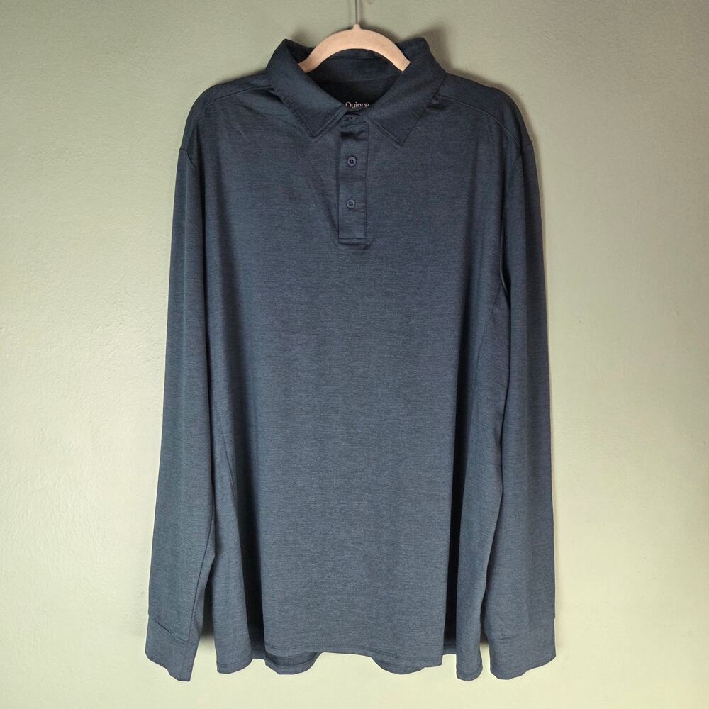 Quince Mens Flowknit Breeze Performance Long Sleeve Polo Navy Blue Preppy Office